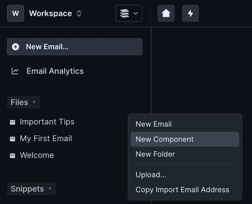Up close image of the file explorer, which contains one file. The + button at the top has been clicked, revealing a menu with four options: "New Email", "New Component", "New Folder", and "Upload". The "New Component" option is selected.