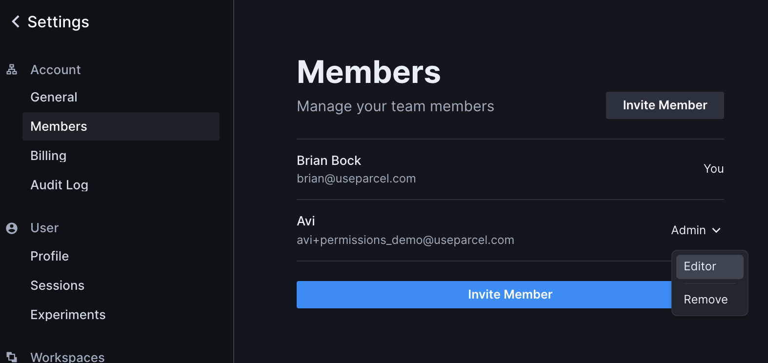 Image of the Members settings page, which lists the name and email address of the current members on the team. To the right of each user is a drop down menu that shows their current role. The role menu for one user is open, revealing options for "Admin", "Editor", and "Remove".