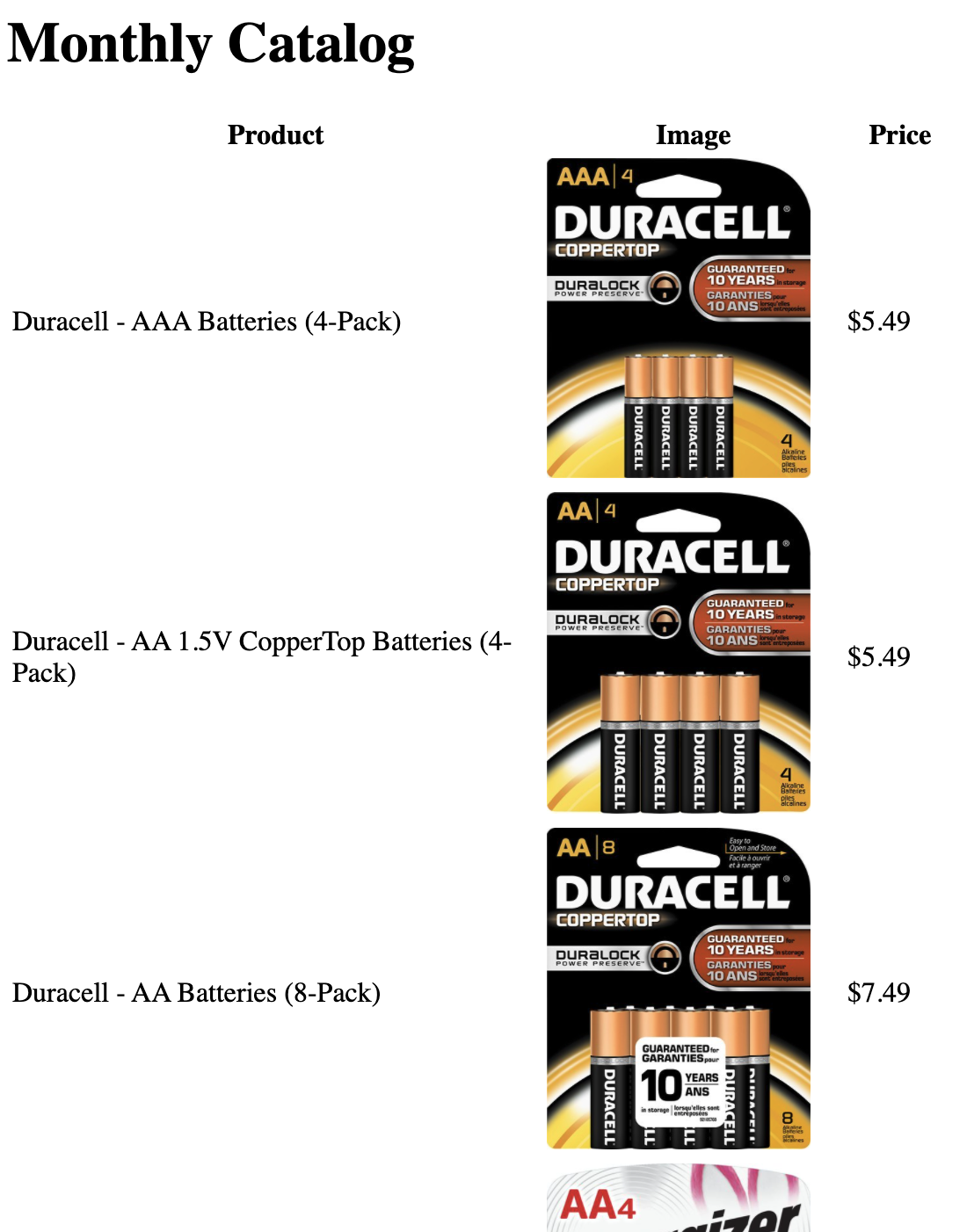 Image of a partial email, titled "Monthly Catalog". The email contains a table three columns labeled "Product", "Image", and "Price". The first four rows of the table are shown, and include names, images, and prices for miscellaneous batteries.