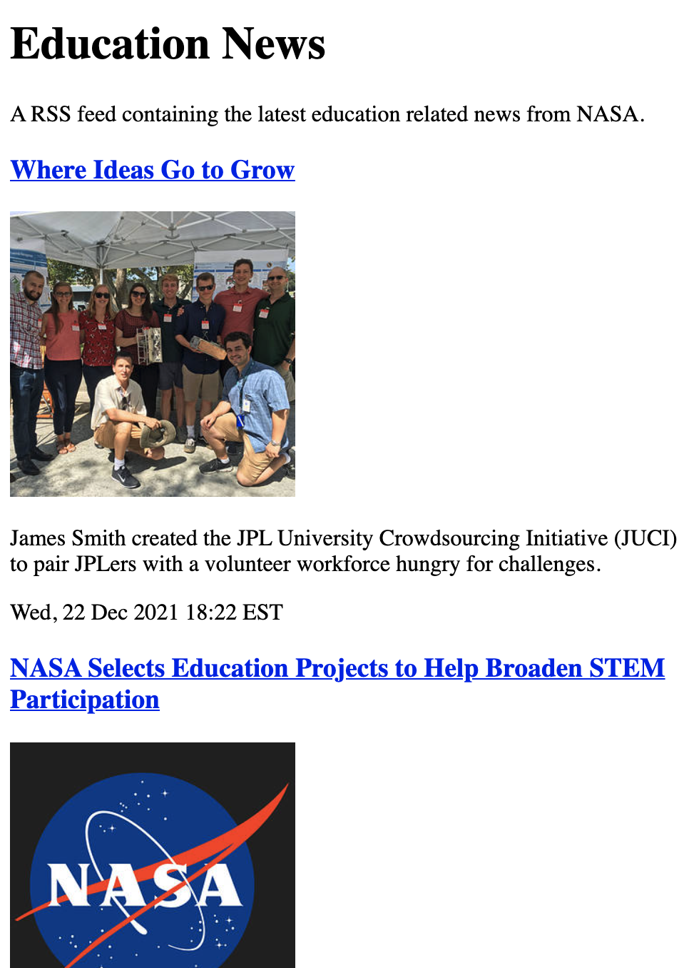 Image of a partial email, titled "Education News". The email contains content from NASA's Education News RSS feed. Beneath the title is a description reading: "A RSS news feed containing the latest education related news from NASA." Below are a series of recent education stories each with title, link, image, summary paragraph, and timestamp