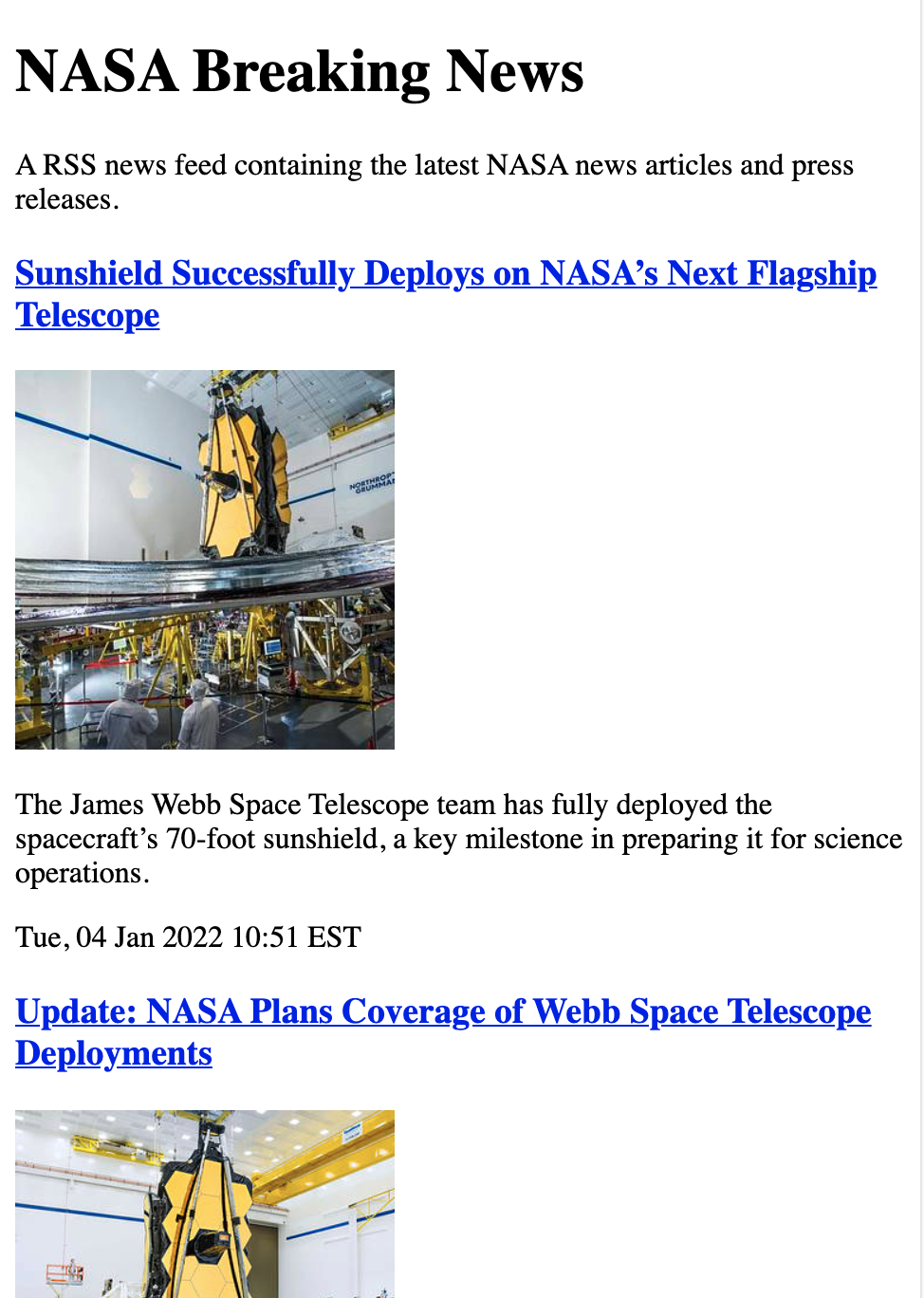 Image of a partial email, titled "NASA Breaking News". The email contains content from NASA's Breaking News RSS feed. Beneath the title is a description reading: "A RSS news feed containing the latest NASA news articles and press releases." Below are a series of recent news stories each with title, link, image, summary paragraph, and timestamp