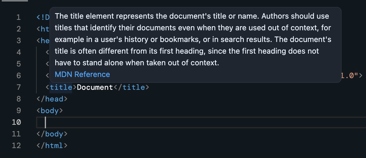 Screenshot of the editor with the MDN reference for the <title> tag shown in the hover overlay