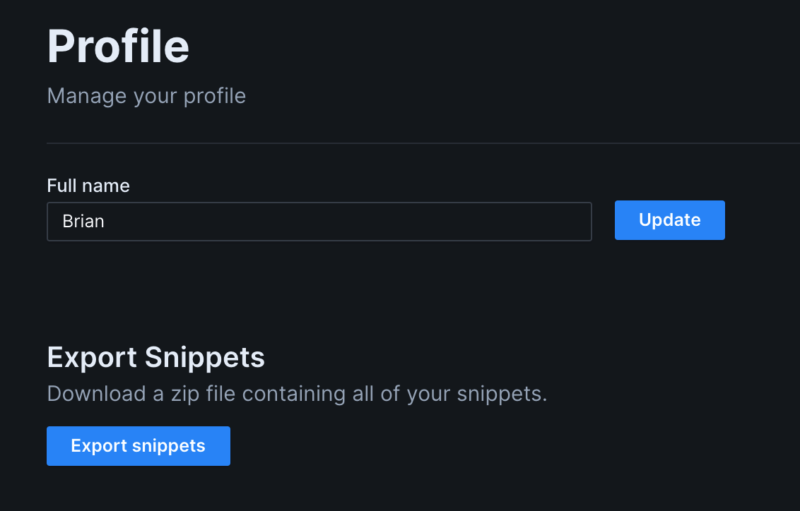 Image of the workspace settings page, which contains several sections. One section, titled "Export Snippets - Download a zip file containing all of your snippets", has an "Export snippets" button.