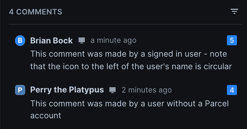 Up close image of the comments sidebar in the Feedback page. Two comments are listed. The top comment, made by a signed in user, has a circular icon next to the user's name, which is inscribed with the user's first initial. The second comment, made by a user without an account, has a square icon, which also has that user's first initial.