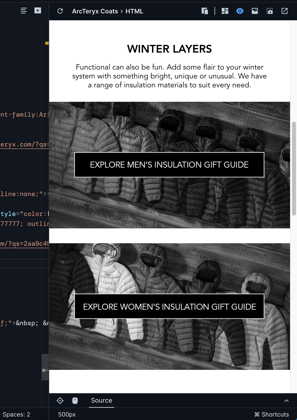 Up close image of the Preview, showing the same email advertising winter jackets. The jackets in the both images now appear only in various shades of gray.