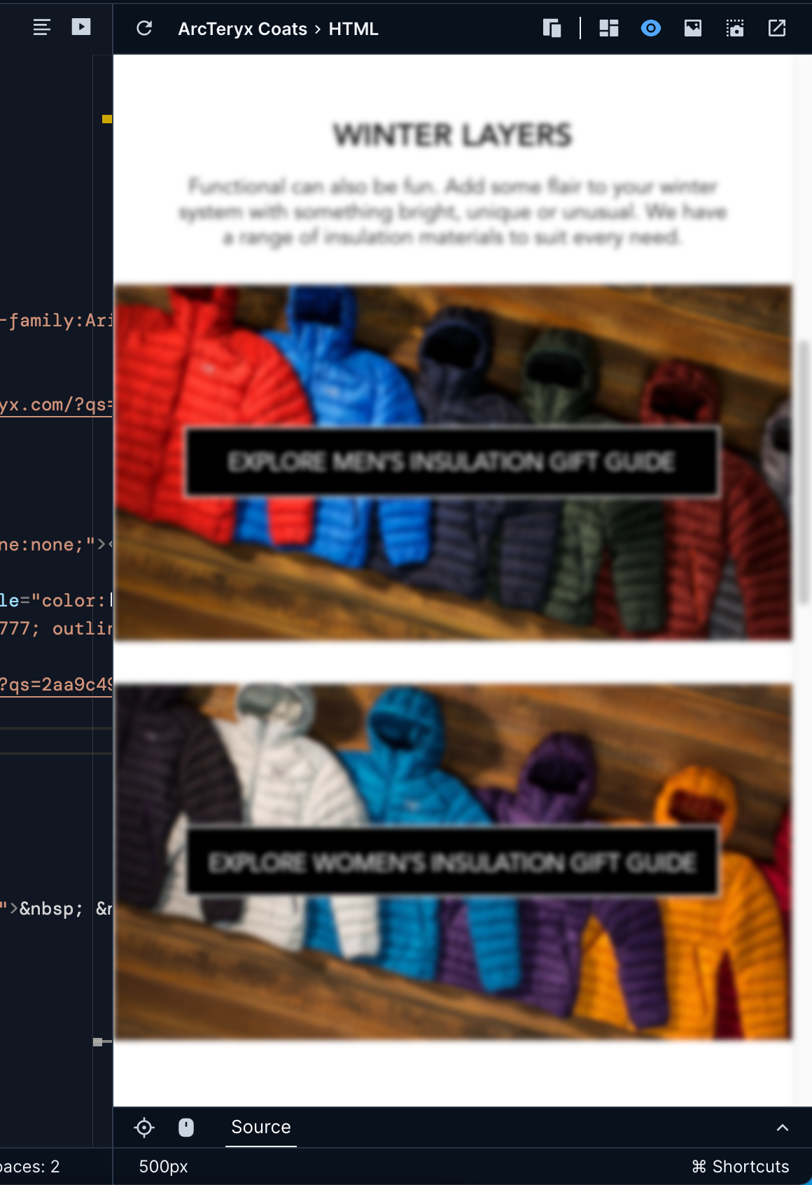 Up close image of the Preview, showing the same email advertising winter jackets. The text and images have been significantly blurred and are much harder to read.