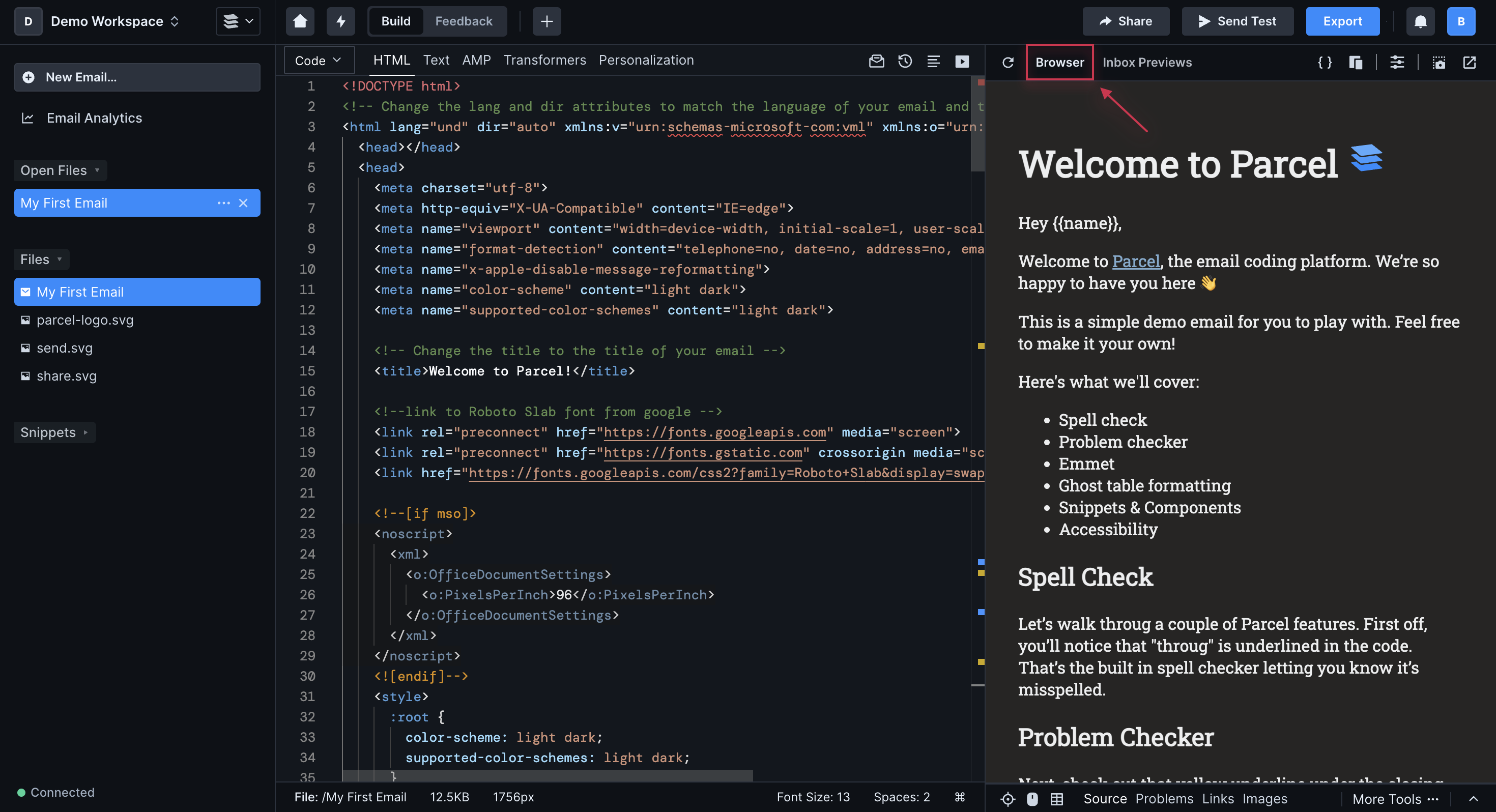 Screenshot of the Code Editor in the middle and the Browser preview open on the right. The Browser button is highlighted in red above the preview window.