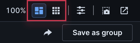 Up close image of the buttons in the top right corner of the Parcel window. Two buttons are highlighted with a red box. The left of the two buttons is the Card view and the right is the Grid view. The icon for Card view is comprised of several rectangles of varied sizes. The Grid view icon is a 9 by 9 grid of small squares.