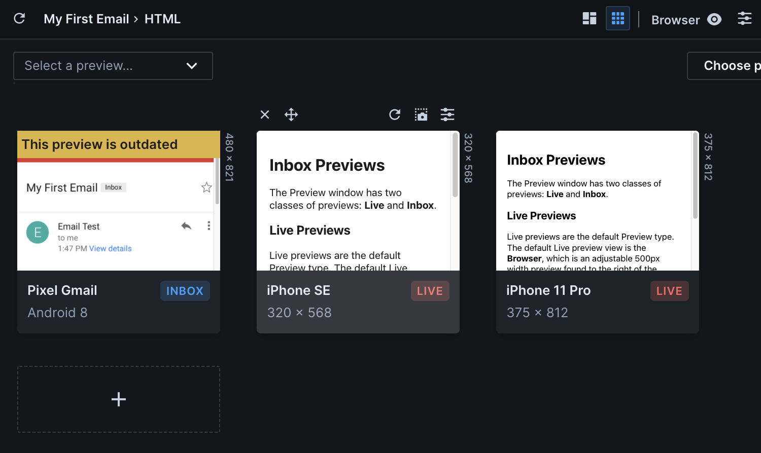 Image of the Preview window in Parcel. Three previews are displayed, each for a different phone. Each preview is the same size square. Each is labeled with it's device name, it's screen dimensions, and a label that reads either "Live" or "Inbox". Above the center preview are several additional buttons - "Close", "Move", "Refresh", "Take screenshot" and "Preview Controls".