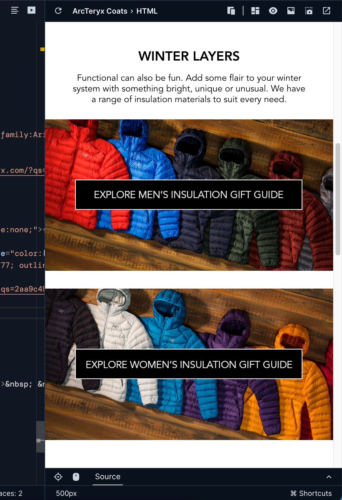 Up close image of the preview, showing an email advertising winter jackets. There is some text at the top describing the jackets, and then two photos below. The first photo contains 6 jackets, which are red, blue, dark blue, greenish grey, dark red and gray. The second photo contains an additional 6 jackets, colored black, white, blue, purple, orange, and red.