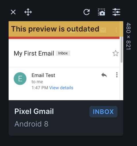 Up close image of a Inbox Preview as shown in the grid view. A portion of a sample email can be seen in the preview. Across the top of the preview is a yellow banner with black text that reads "This preview is outdated."