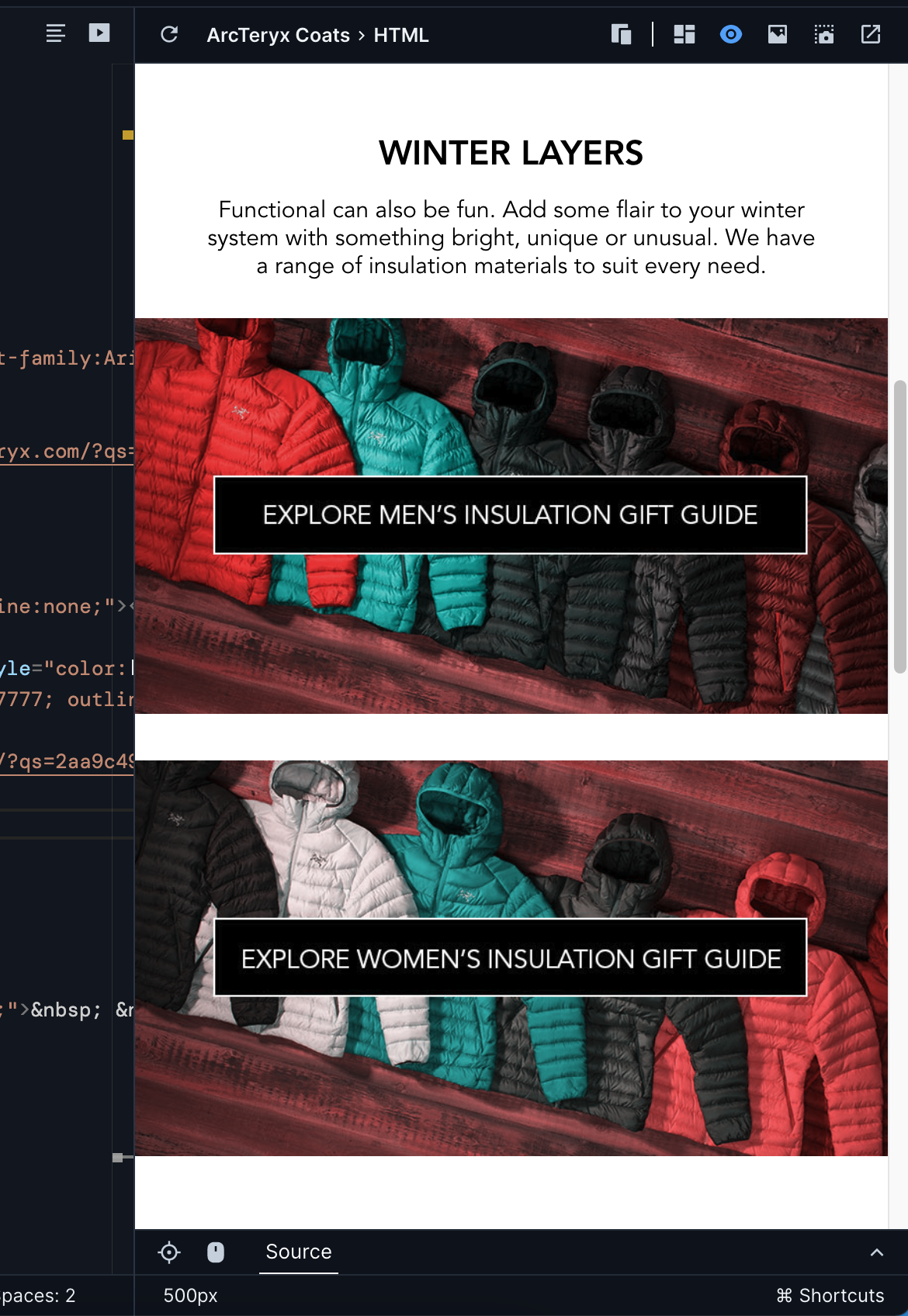 Up close image of the Preview, showing the same email advertising winter jackets. The jackets in the first image now appear red, teal, dark gray, gray, red, and gray. The jackets in the second photo now appear black, white, teal, dark grey, pink, and red.