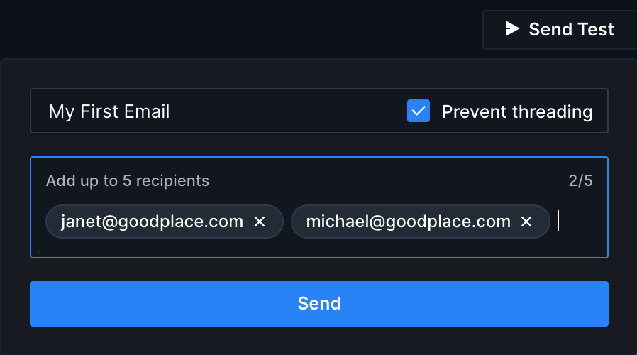 Up close image of the top right corner of the share page, showing the Send Test button and dialog. The email name, "My First Email" is displayed. A checkbox labeled "Prevent Threading" is checked to the right. Below is a text field with two email addresses and a "Send" button.