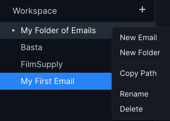 Up close image of the file explorer, which contains a folder and three emails. The folder has been right clicked upon, revealing a menu with the following options: 'New Email', 'New Folder', 'Copy Path', 'Rename', and 'Delete'