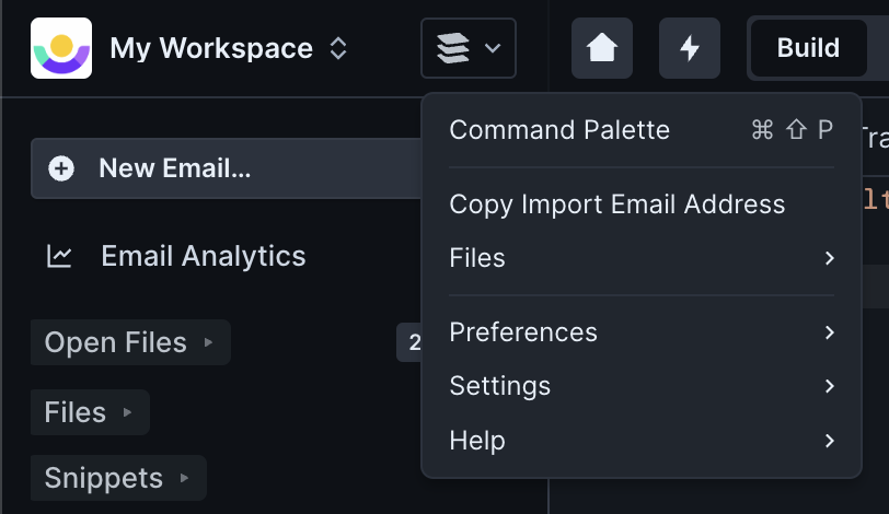 Up close image of the Parcel menu dropdown. The second option from the top is Copy Import Email Address.