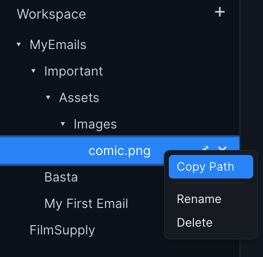 Close up image of the file explorer, which contains several nested files and folders. One file is selected and has been right clicked, revealing a menu with the options "Copy Path", "Rename", and "Delete". The "Copy Path" option is selected.