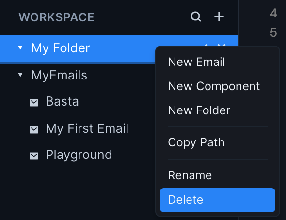 Up close image of the file explorer, which contains two folders and three emails. The first folder has been right clicked upon, revealing a menu with the following options: 'New Email', 'New Folder', 'Copy Path', 'Rename', and 'Delete'. The delete option is highlighted as if it is about to be clicked.