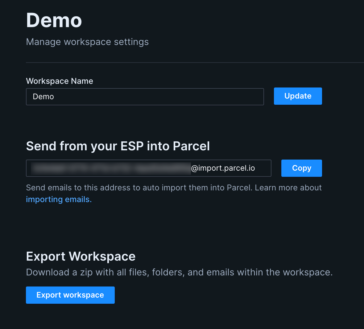Up close image of the workspace settings page, which has several sections. The last section, titled "Export Workspace" includes a "Export workspace" button and a description reading "Download a zip with all files, folders, and emails within the workspace."