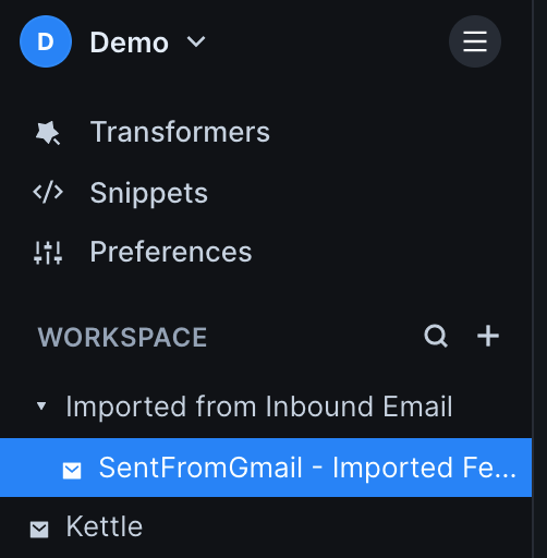 Up close image of the file tree. There is an autogenerated folder titled "Imported from Inbound Email". Inside the folder is an imported email titled "SentFromGmail - Imported Feb...".