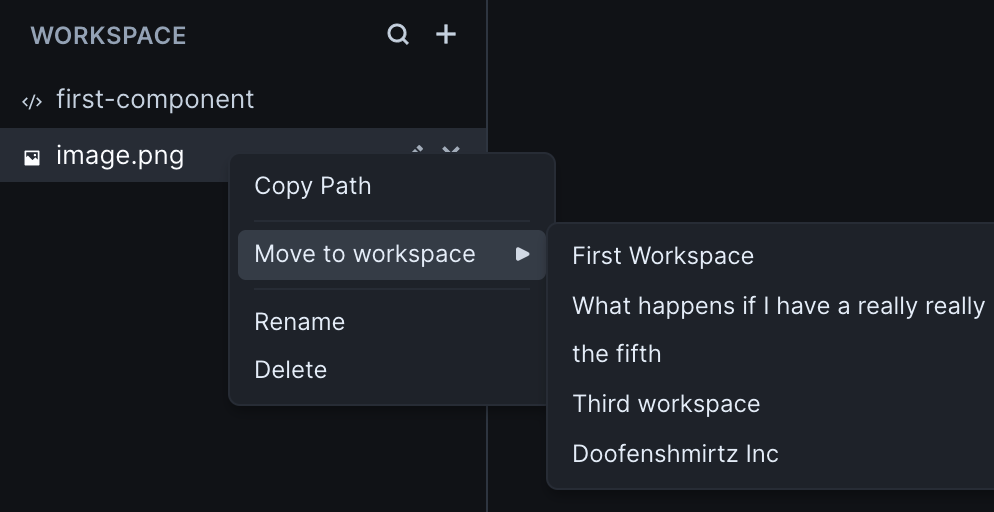 Up close image of the file tree, which contains two files. One file has been right clicked, revealing a menu with options "Copy Path", "Move to Workspace", "Rename", and "Delete". The "Move to Workspace" option has been clicked, revealing a second menu with a list of available other workspaces.
