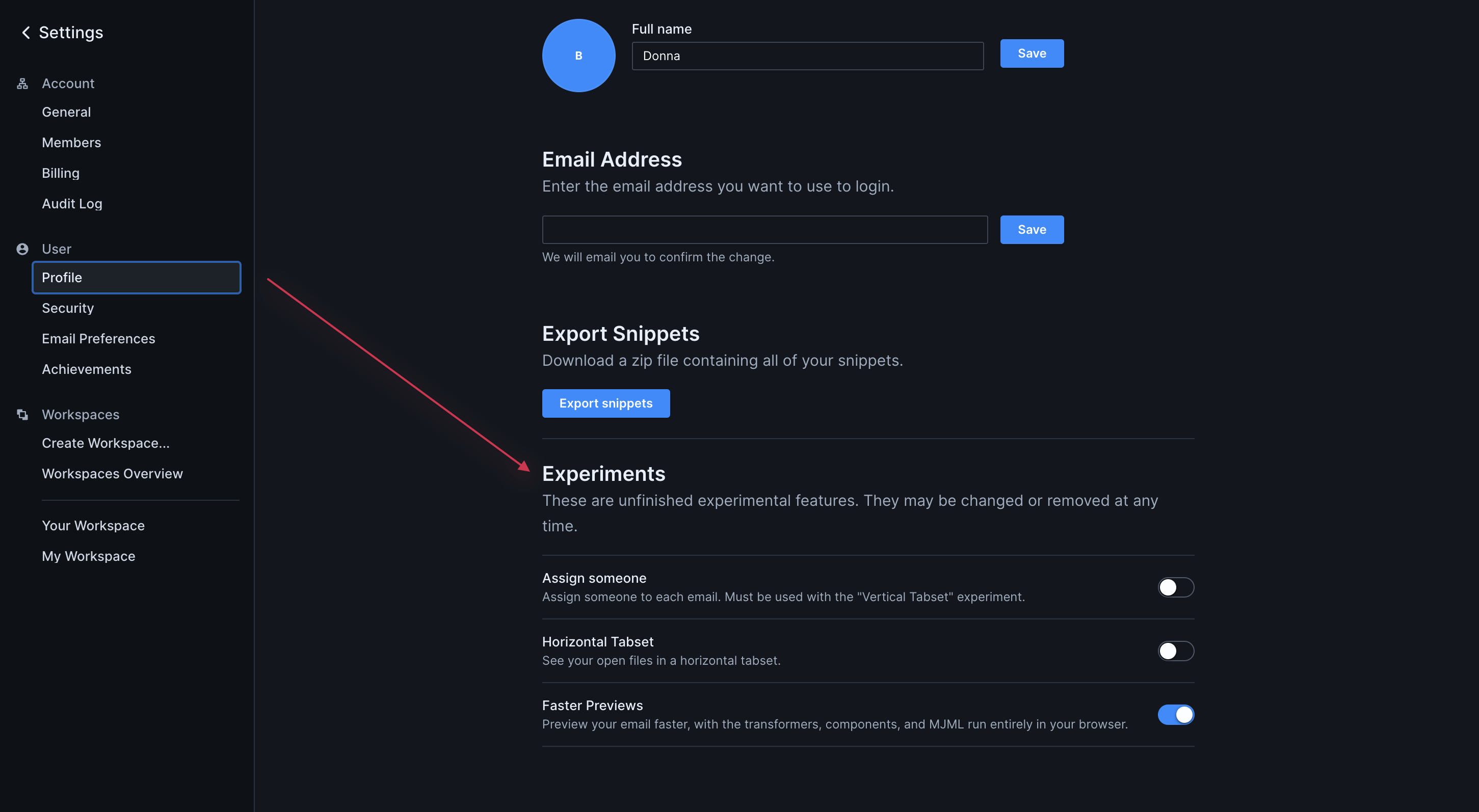 In Account Settings, Profile is selected on the left hand panel under User. At the bottom of the page is a section titled Experiments.