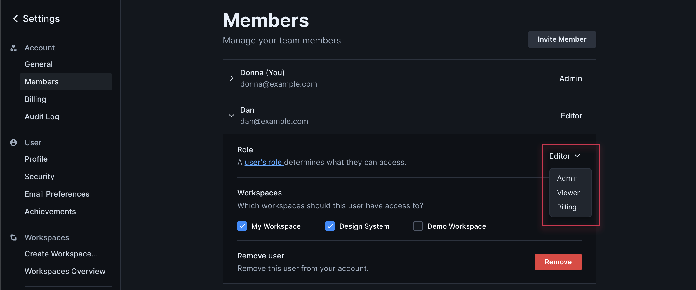 Image of the Members settings page, which lists the name and email address of the current members on the team. To the right of each user is a drop down menu that shows their current role. The role menu for one user is open, revealing options for "Admin", "Billing", and "Viewer".