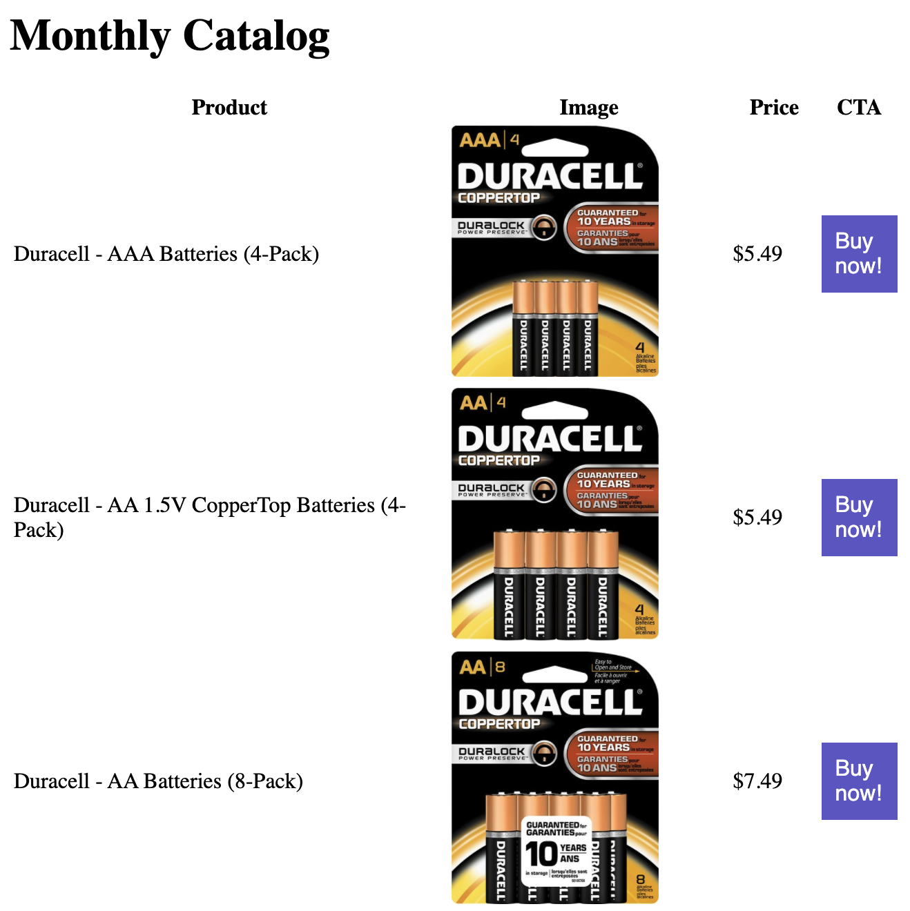 Image of a partial email, titled "Monthly Catalog". The email contains a table four columns labeled "Product", "Image",  "Price", and "CTA". The first four rows of the table are shown, and include names, images, prices, and purple "Buy now!" buttons for miscellaneous batteries.