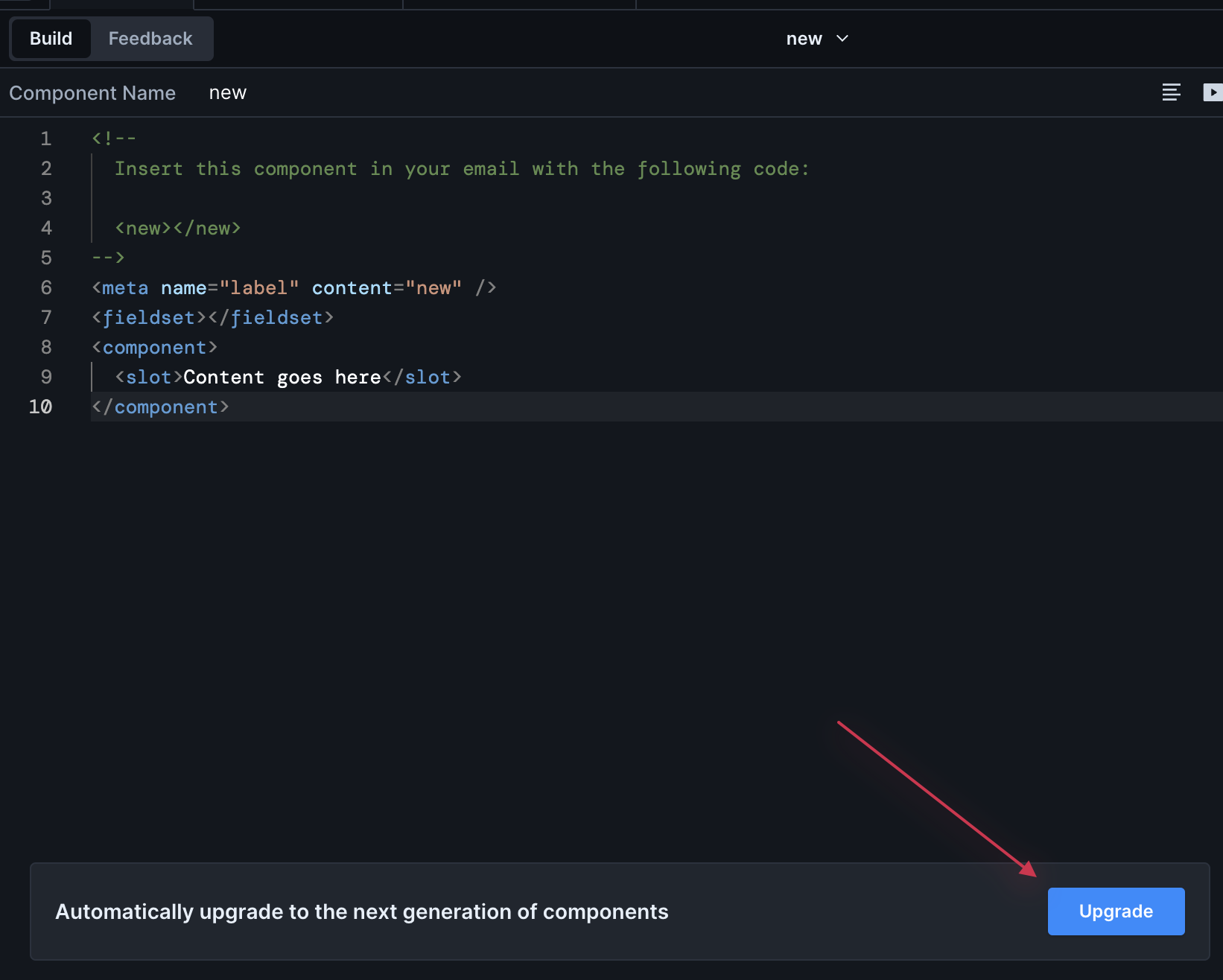 A view of the code editor for a legacy component. At the bottom, a banner appears stating "Automatically upgrade to the next generation of components" and to the right is a blue button with the text Upgrade.