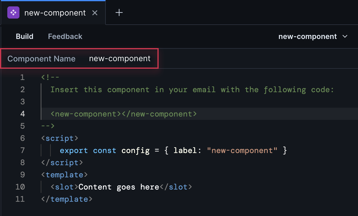 At the top is the component name. Under that is the code editor.