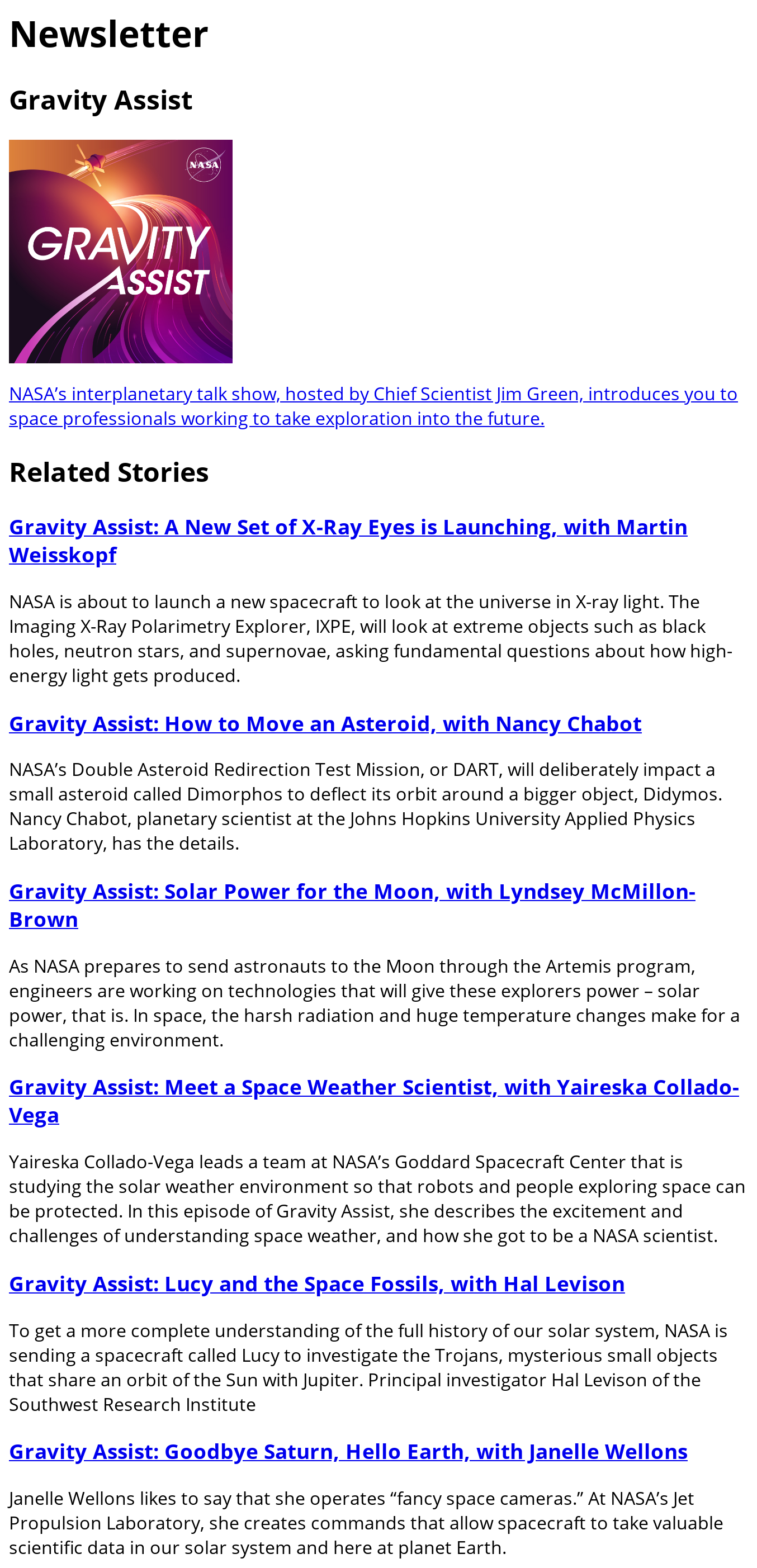 Image of a partial email, titled "Newsletter". The email contains content from NASA's Gravity Assist newsletter. The Gravity Assist logo is at the top. Below are a series of related stories each with title, link, and summary paragraph.