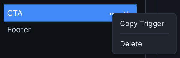 Up close image of the snippets sidebar. A snippet titled CTA has been right clicked, revealing a menu with the options "Copy Trigger" and "Delete".
