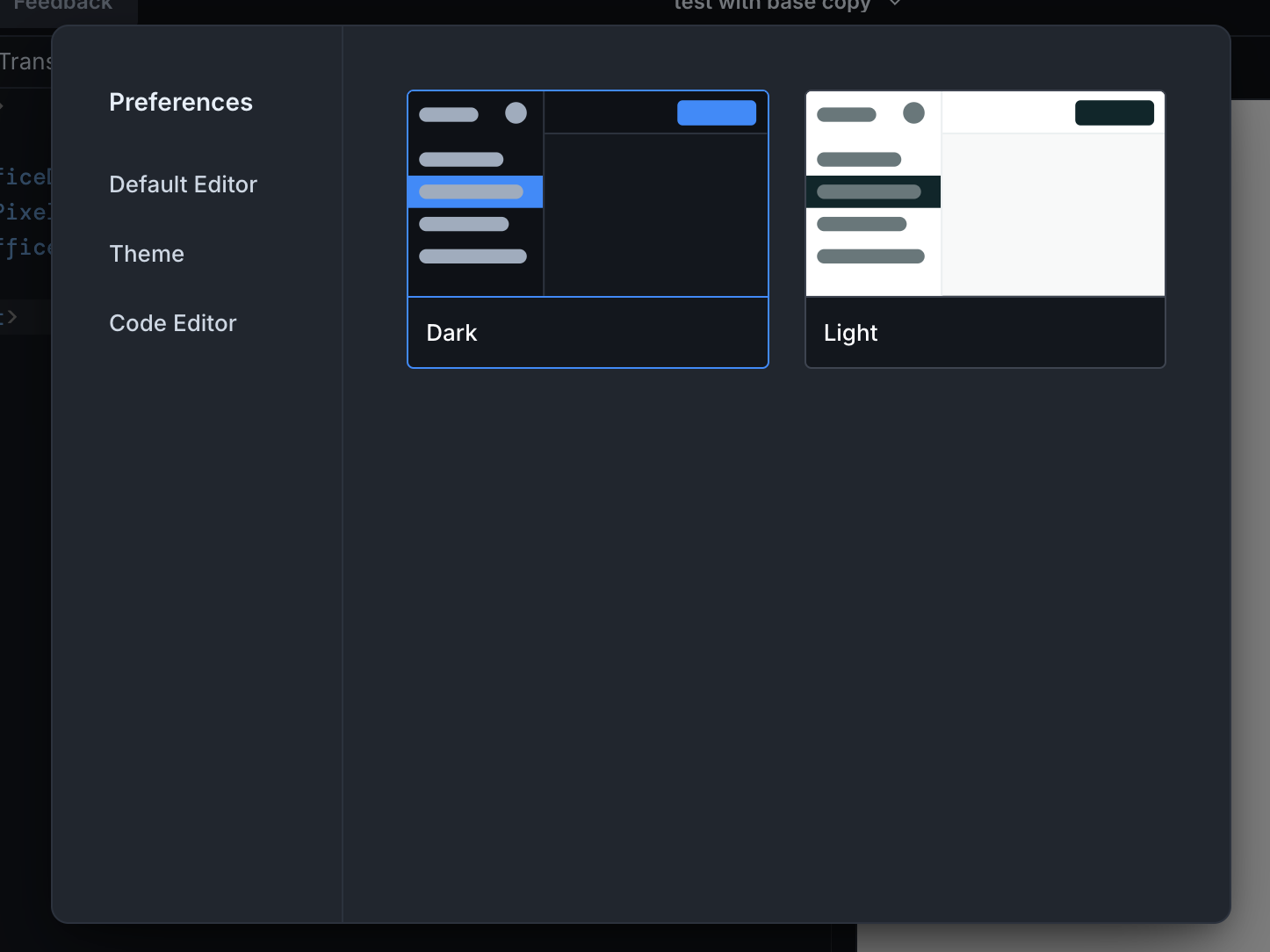 In the center of the Parcel window is a modal where Theme is clicked on the left and on the right are two options Dark and Light mode. Dark is selected.