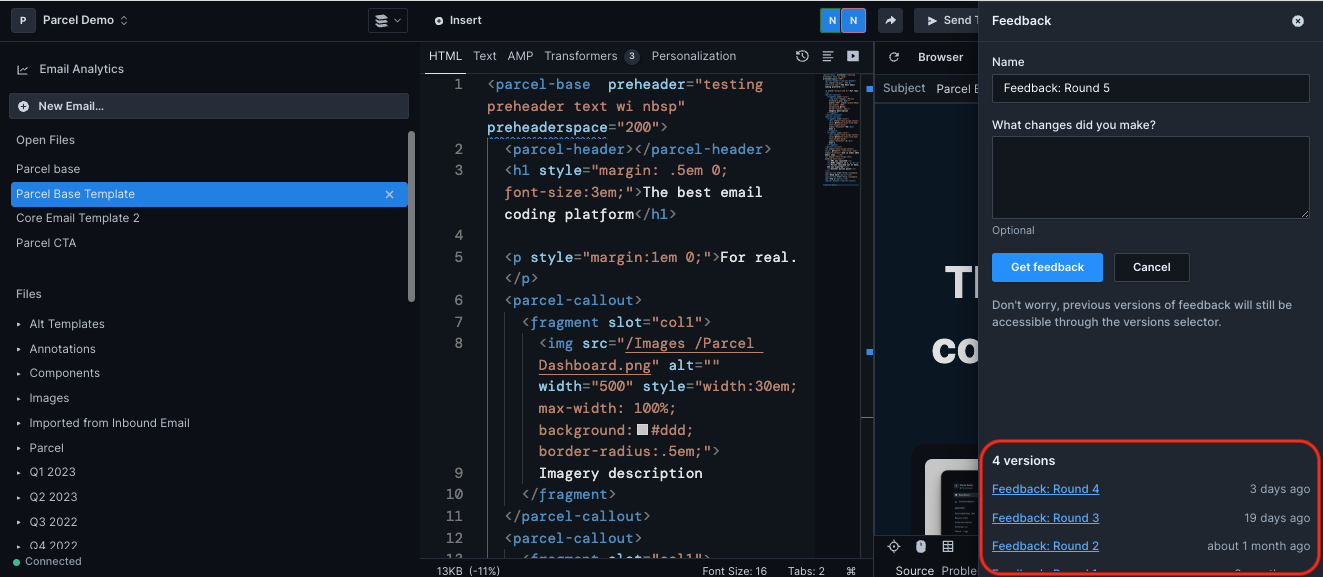 Screenshot showing the Parcel workspace with multiple versions of an email that has been shared to collect Feedback.