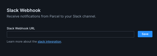 Screenshot showing the Slack Webhook URL input in Workspace Settings.