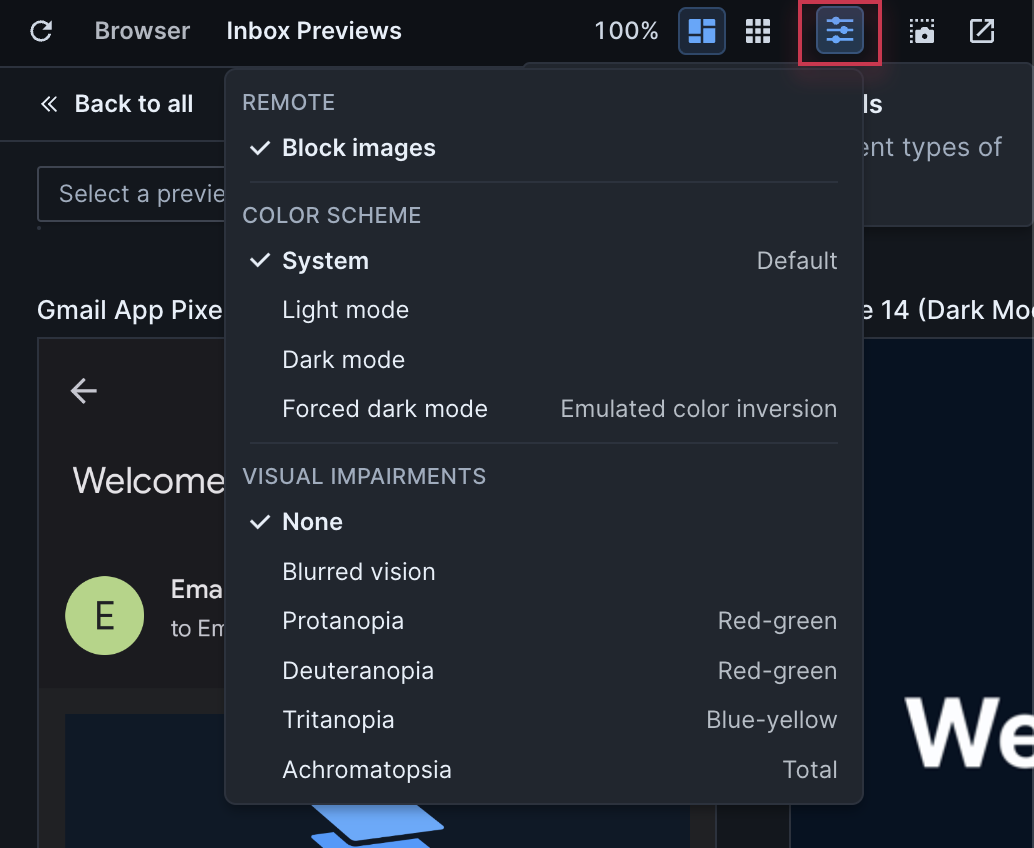 A view of Inbox Previews. An icon of three horizontal faders is selected in the top right which shows a menu of options like block images, change the color scheme, and add a visual impairment.