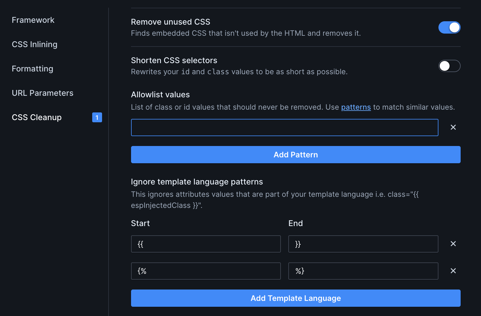 Up close image of the Transformers pane, with the CSS Cleanup section open. The "Remove unused CSS" toggle has been switched, revealing additional options. One of these options is "Allowlist values - List of class or id values that should never be removed. Use patterns to match similar values". Below is an editable text field, and a button labeled "Add Pattern".