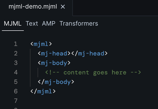 Up close image of the code editor with 6 lines of MJML code that form a basic MJML template.