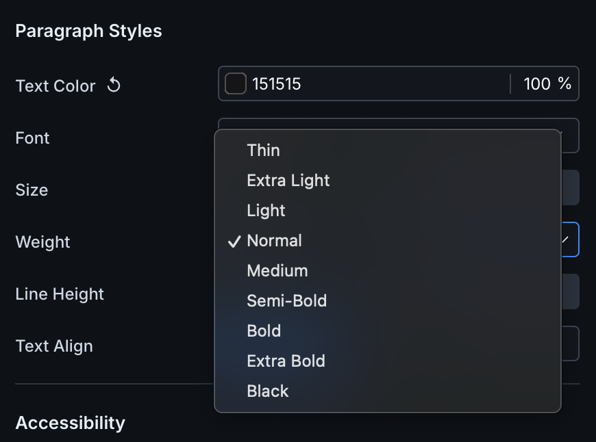 On the right-hand properties menu, the dropdown to the right of the Weight field is selected and shows a list of options. Normal is checked.