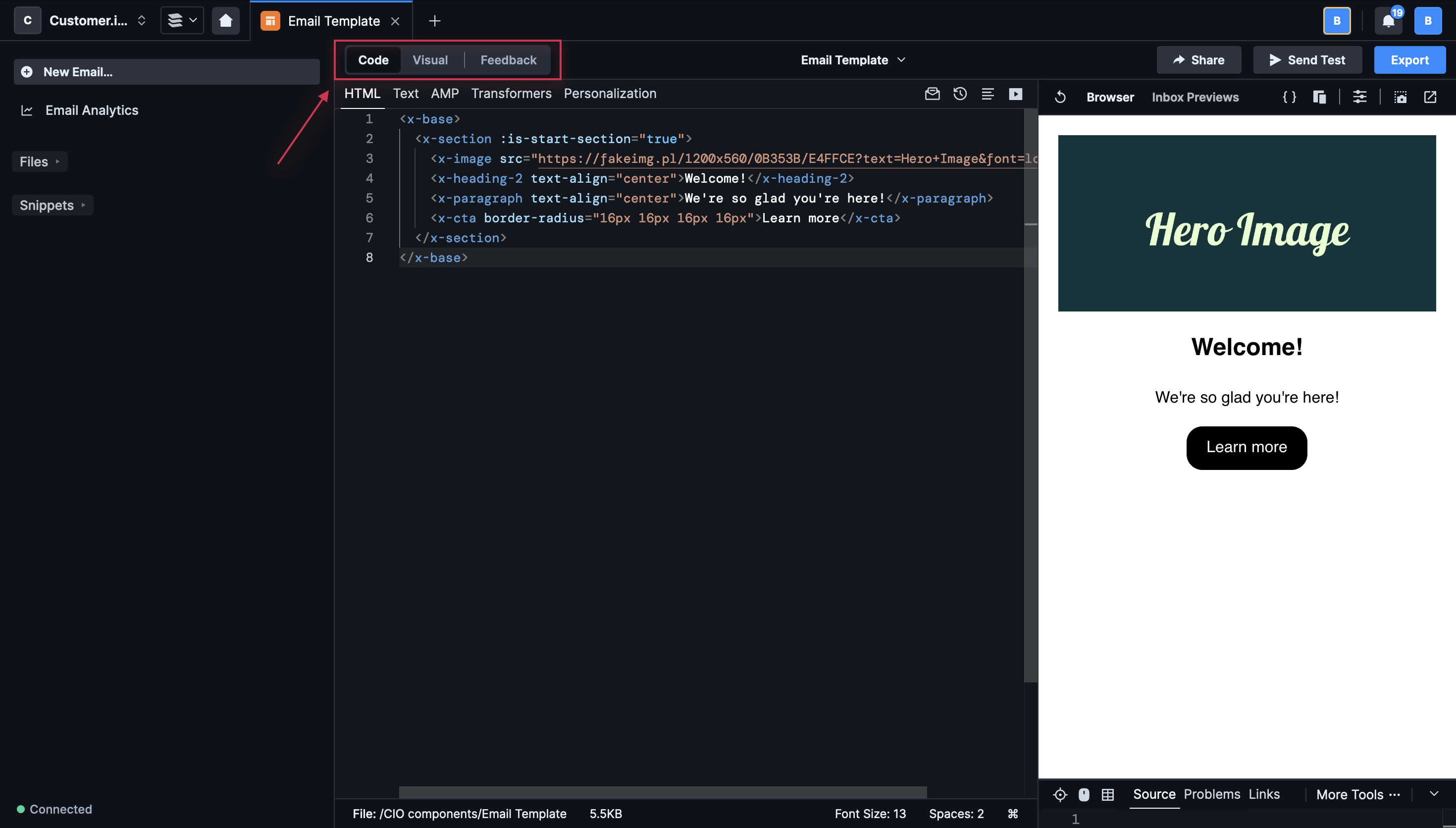 A screenshot of the Parcel window. To the right of the File tree at the top, you can toggle between Code, Visual and Feedback. Code is selected. The code editor is visible in the middle of the screen.