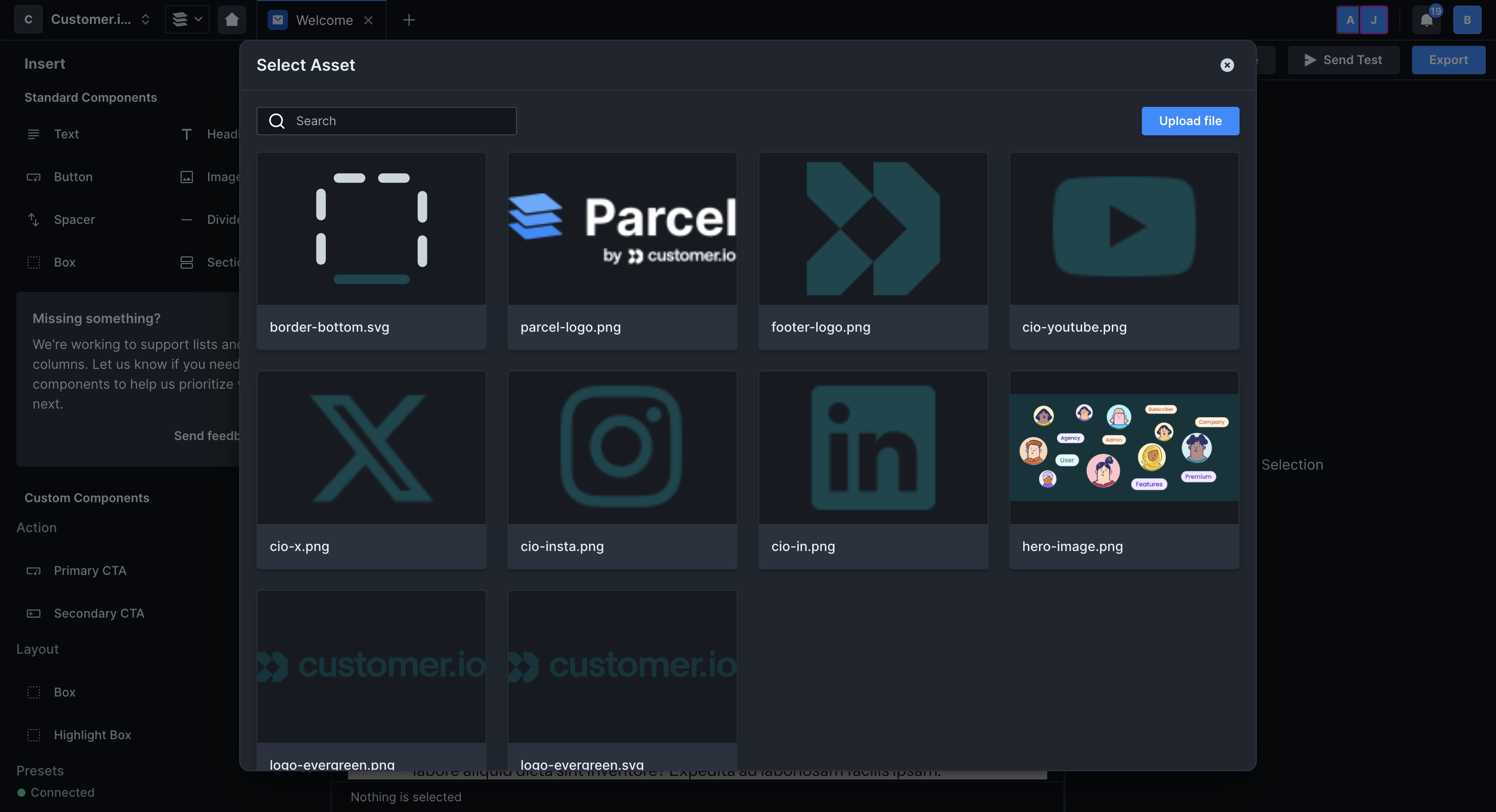 A screenshot of the entire Parcel window. A modal appears in the center of the screen titled "Select Asset." There is a search box below the title in the top left. Under that is a grid view of all images uploaded to the workspace. In the top right is a button labeled "Upload file."