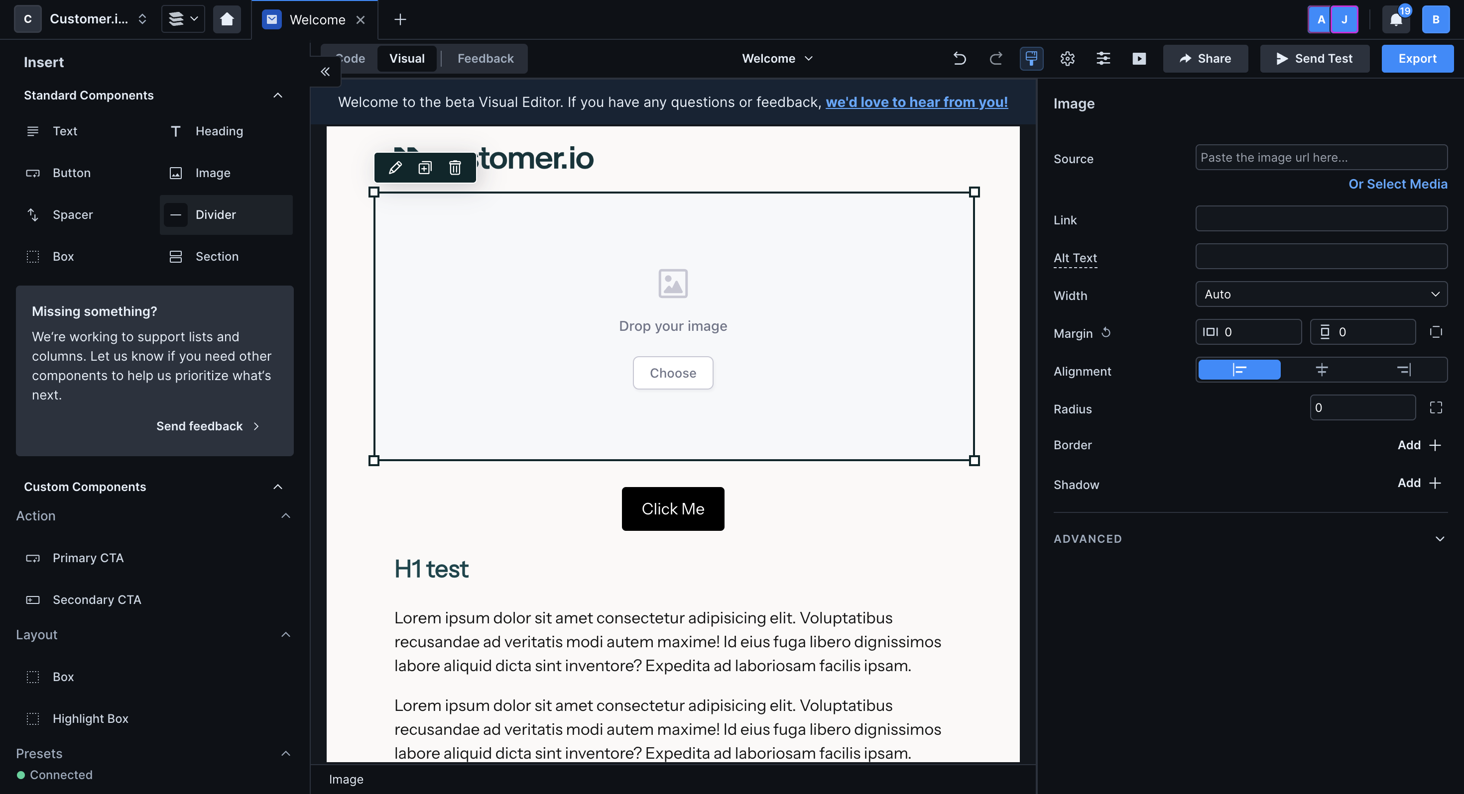 A screenshot of the entire Parcel window. In the middle of the screen on the visual editor's canvas is an empty image component. The component reads "Drop your image" followed by a button labeled "Choose."