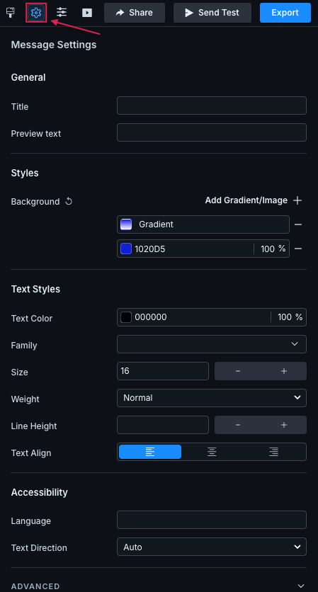 A screenshot of the right-hand side of the Parcel window when the visual editor is open. The gear icon in top right of the visual editor is selected. A list of attributes appears for message settings. width