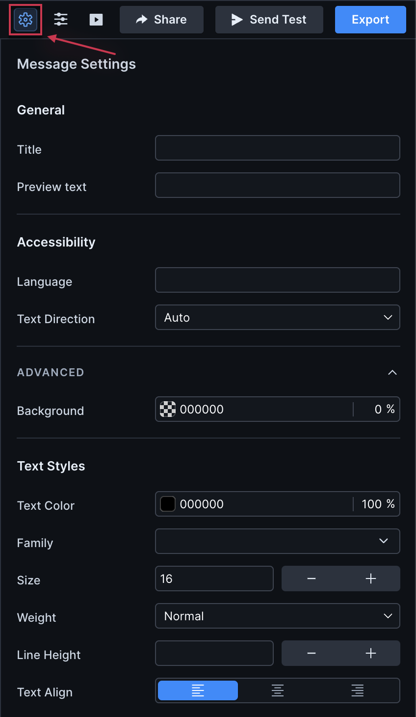 A screenshot of the right-hand side of the Parcel window when the visual editor is open. The gear icon in top right of the visual editor is selected. A list of attributes appears for message settings.