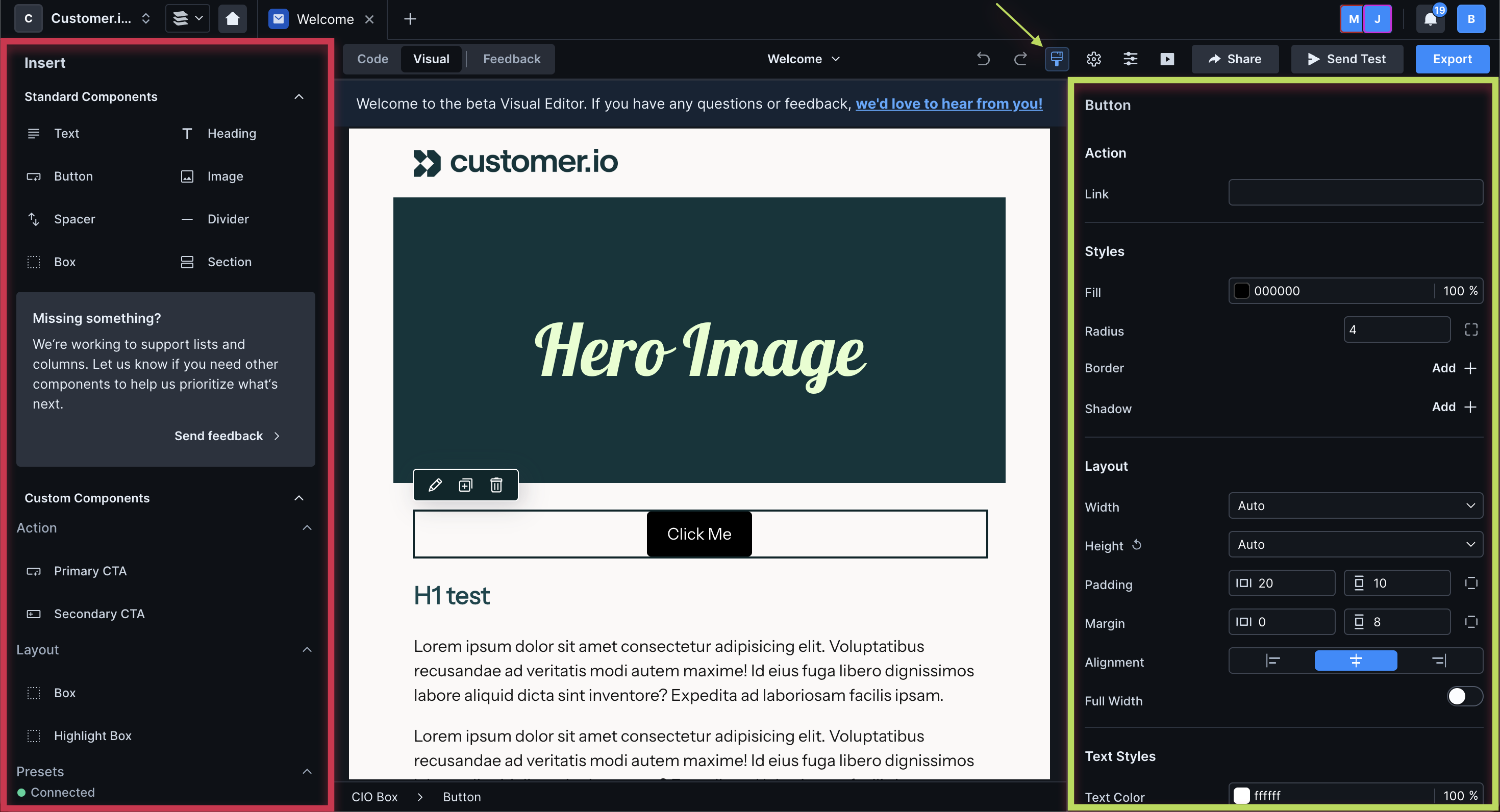 A screenshot of the Parcel window. On the left, the insert menu is highlighted in red. On the right, the properties menu is highlighted in green. An arrow above the properties menu points to a paint brush icon, the toggle for the properties menu. In the middle is the canvas of the visual editor.