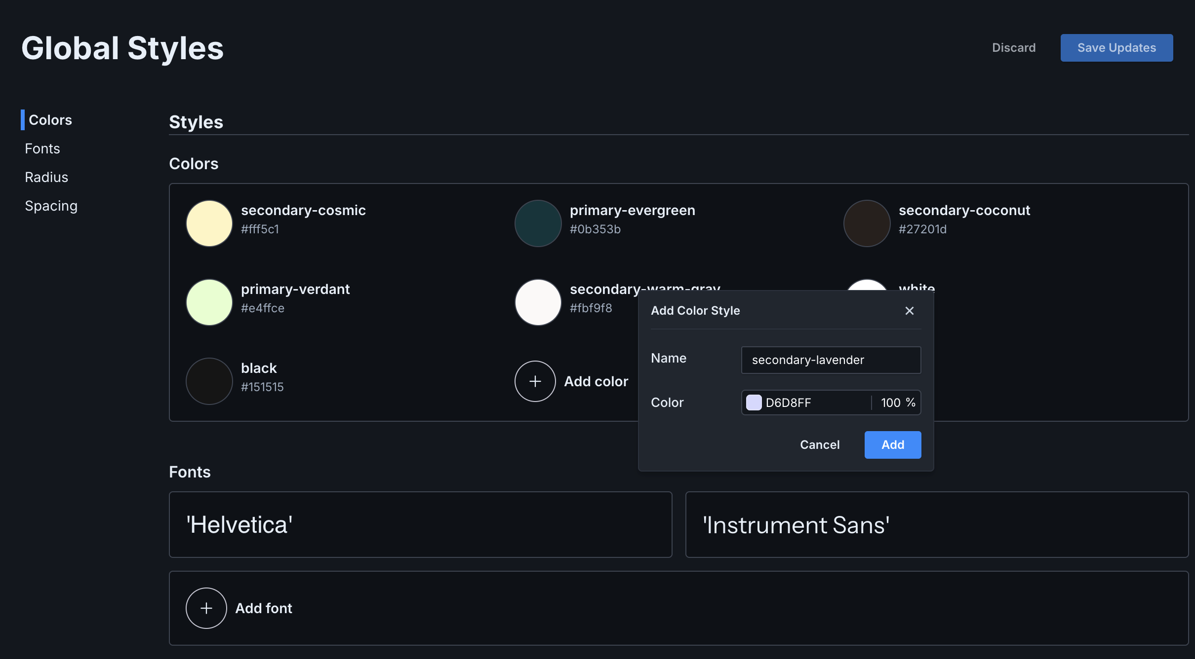 On the global styles landing page, add color was clicked and a small modal appears with two fields: name and color.