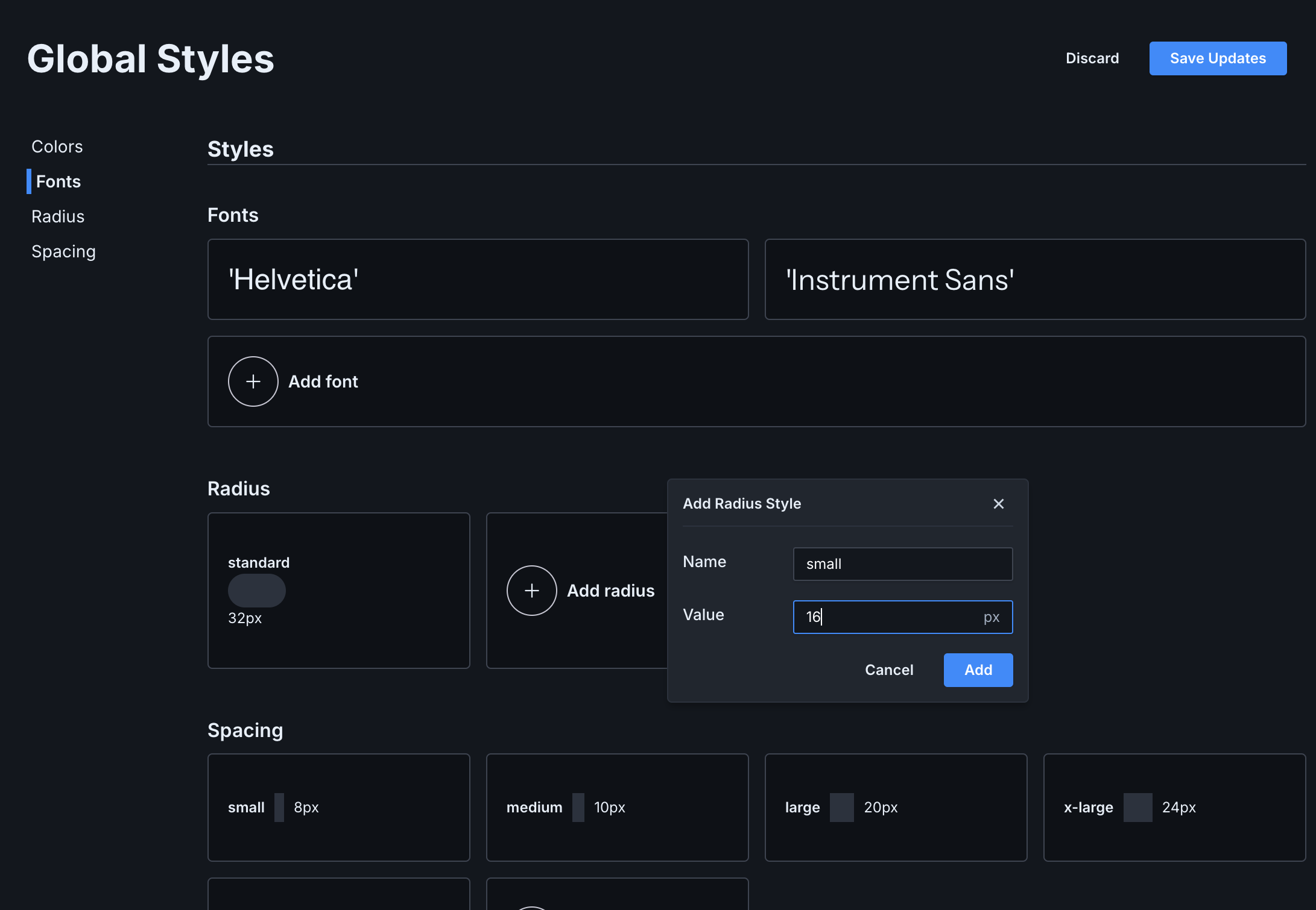 On the global styles landing page, add radius was clicked and a small modal appears with two fields: name and value.