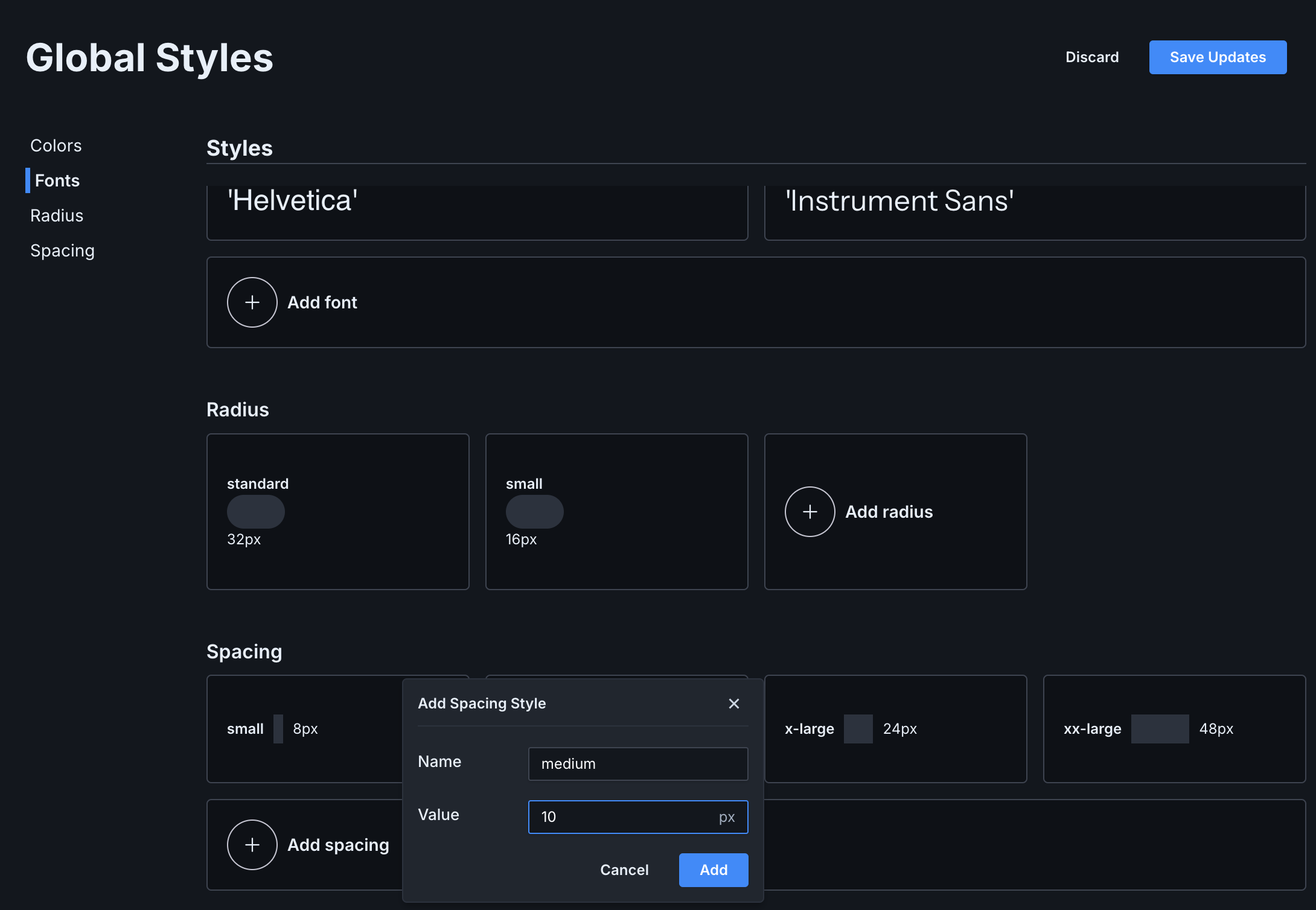 On the global styles landing page, add spacing was clicked and a small modal appears with two fields: name and value.