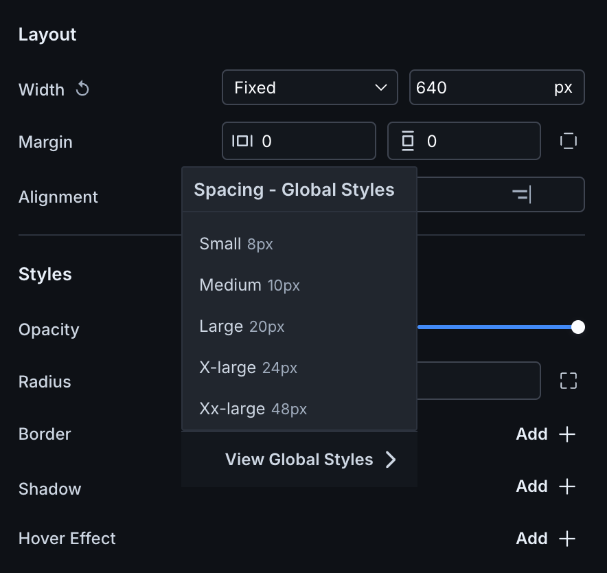 On the properties panel of a component, click the margin text box to see a list of global spacing available.