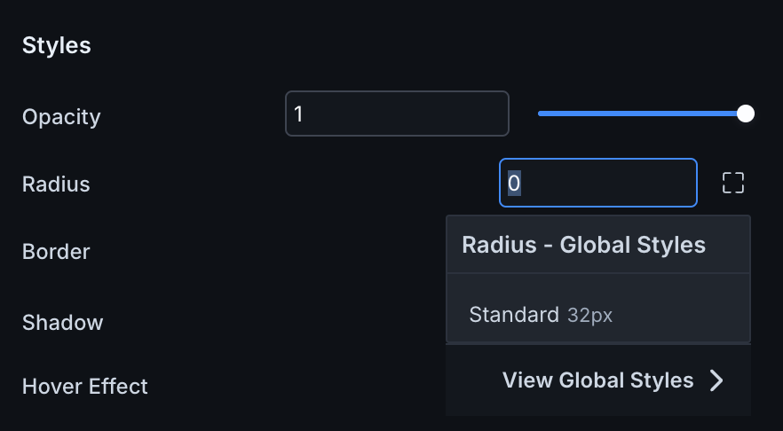 On the properties panel of a component, click the radius text box to see a list of global radii available.