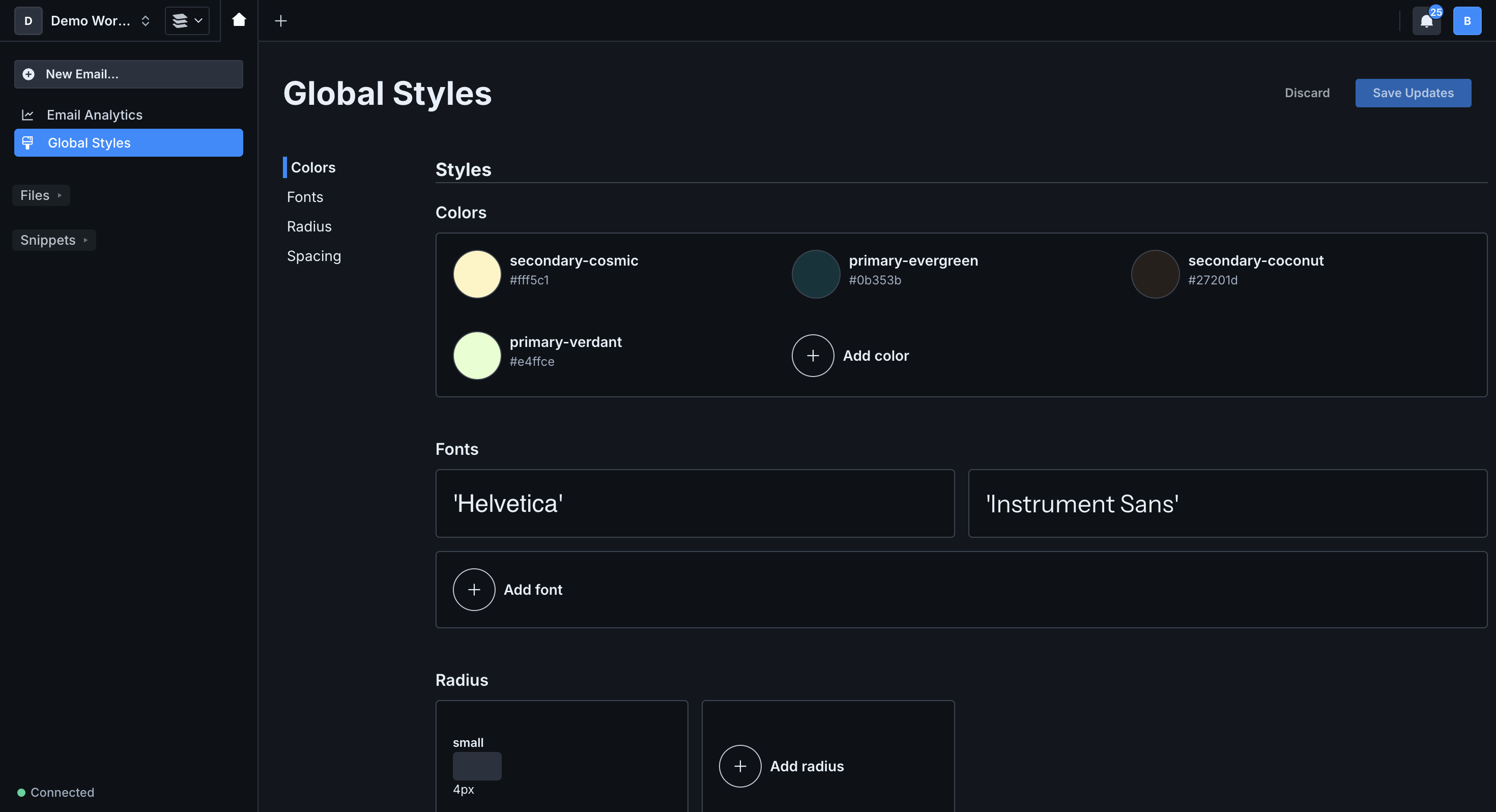 Global Styles is linked above File Explorer and under Email Analytics on the sidebar. To the right is the global styles landing with a list of colors, fonts, and settings for radius and spacing.